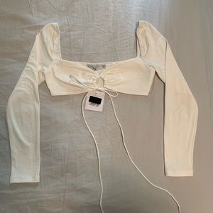 White tie front long sleeve crop top